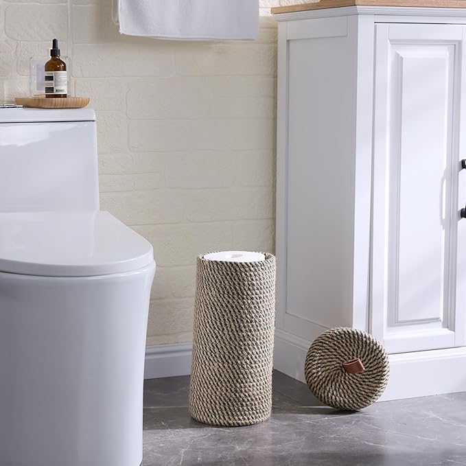 Toilet Paper Holder, Boho Decor Toilet Paper Storage Stand for Bathroom,Cotton Handmade Woven Paper Basket for Mega Roll,3 Rolls of Toilet Tissue Storage, Santa Green&Jute
