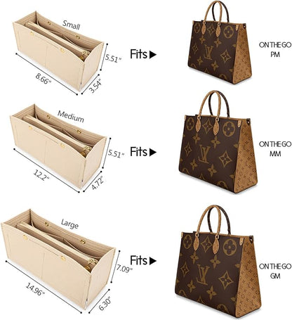 LEXSION Felt Purse Organizer Insert,Handbag Organizer with Detachalbe Zipper Pocket for ONTHEGO GM,3 Size 8034 Beige Large