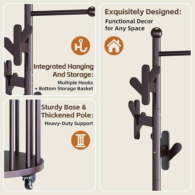 Uniclinens Freestanding Wooden Coat Rack with Umbrella Holder，Dark Walnut Coat Rack with Hooks, Space-Saving Entryway Organizer for Hanging Clothes and Storing Towels, Bedroom, Living Room