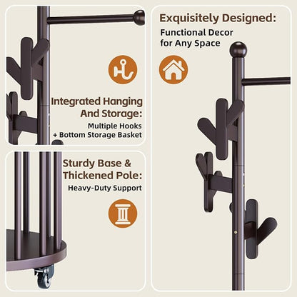 Uniclinens Freestanding Wooden Coat Rack with Umbrella Holder，Dark Walnut Coat Rack with Hooks, Space-Saving Entryway Organizer for Hanging Clothes and Storing Towels, Bedroom, Living Room