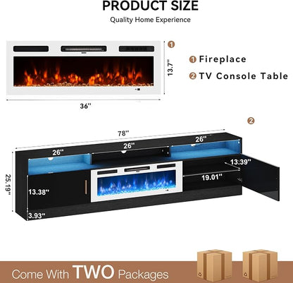 MXV 78" Fireplace TV Stand with Power Outlet for TVs UP to 90", Electric Fireplace Entertainment Center with LED Lights & Storage Cabinets, TV Console for Living Room, Office, Black-White