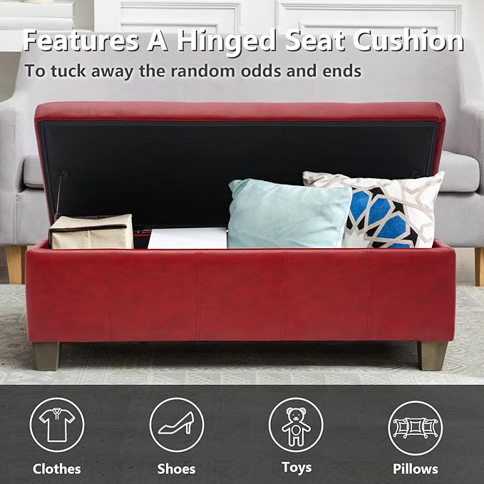 41" Storage Ottoman, Storage Bench with Safety Hinge, Upholstered Synthetic Leather Ottoman Bench for Bedroom, Living Room, Entryway, Hallway, Foot Rest, Support 500lbs