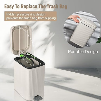 rejomiik Small Bathroom Trash Can with Lid Slim Soft Close Garbage Can Step Wastebasket Container Trash Bin for Office Bedroom Kitchen Living Room (1.9 Gallon Cream)