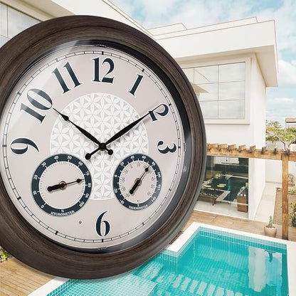 Presentime & Co. 18 Inch Illuminated Outdoor Clock, Waterproof Lighted Large Wall Clock with Thermometer & Hygrometer, Elegant & Vintage Home Decor for Garden, Patio, Pool, Grey Oak Finish