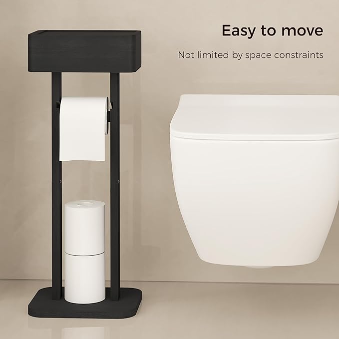 Wealone 4-in-1 Black Toilet Paper Holder Stand with Storage Shelf Box, 360° Rotating Bamboo Free Standing Toilet Tissue Roll, Toilet Wipes Dispenser Organizer, Temporary Desktop for Bathroom (Patent)