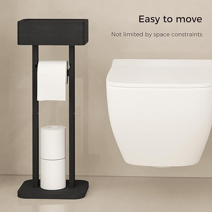 Wealone 4-in-1 Black Toilet Paper Holder Stand with Storage Shelf Box, 360° Rotating Bamboo Free Standing Toilet Tissue Roll, Toilet Wipes Dispenser Organizer, Temporary Desktop for Bathroom (Patent)