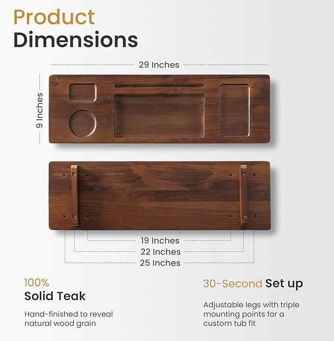 Teak Bathtub Tray for Freestanding Tubs - 29" Heavy-Duty Luxury Bath Caddy, Non-Slip Zero-Wobble Design, Water-Resistant Spa Organizer with Wine Glass & Phone Holder