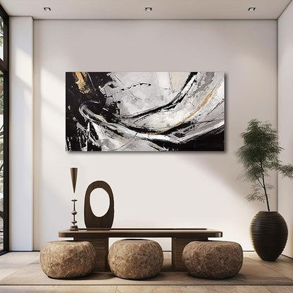 XIANSHOU Black and White Wall Art for Living Room/ 24x48 Inches Abstract Painting/Modern Artwork for Bedroom Home Office Wall Decorations