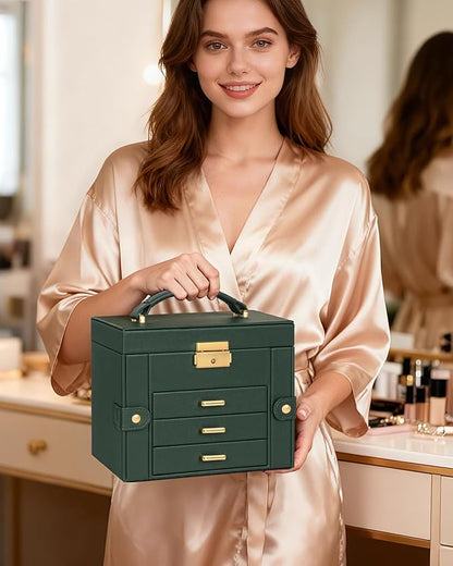 TORIBIO Jewelry Box for Women, Leather Jewelry Organizer with Mirror & Lock, 4-Tier Jewelry Storage Organizer with 3 Drawers for Girls/Women/Mothers, Necklace Earring Bracelets Holder Organizer