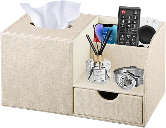 Nightstand Organizer with Tissue Holder,PU Leather Square Tissue Box Cover,Modern Facial Paper Organizer Storage Box for Remote Control,Bathroom,Vanity Countertop,End Table Home Office.Beige