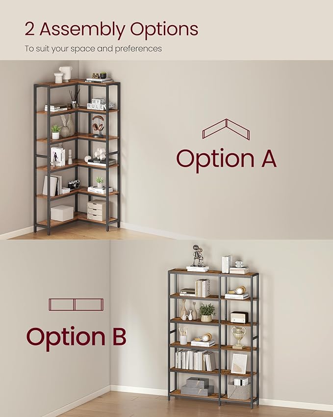VASAGLE 6 Tier Bookshelf with Metal Frame, Convertible Industrial Corner Shelf, 9.4 x 40.2 x 69 Inches, for Living Room, Bedroom, Home Office, Rustic Brown and Ink Black ULLS606K01