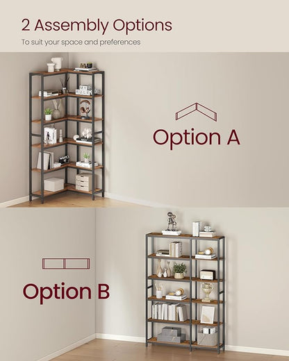 VASAGLE 6 Tier Bookshelf with Metal Frame, Convertible Industrial Corner Shelf, 9.4 x 40.2 x 69 Inches, for Living Room, Bedroom, Home Office, Rustic Brown and Ink Black ULLS606K01