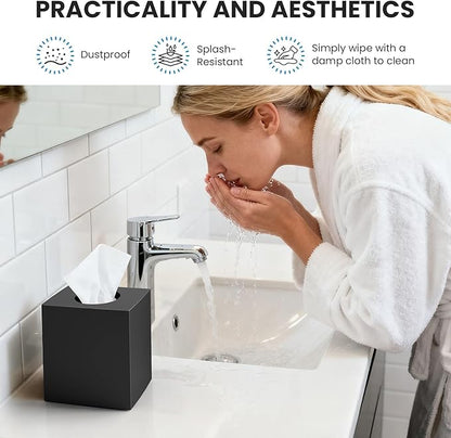 2 Pack Tissue Box Cover Black, Square Acrylic Tissue Holder, Decorative Facial Tissue Box Vessel Cube Paper Organizer Dispenser for Bathroom Office, Night Stand, Desk, Car, Vanity, Countertops