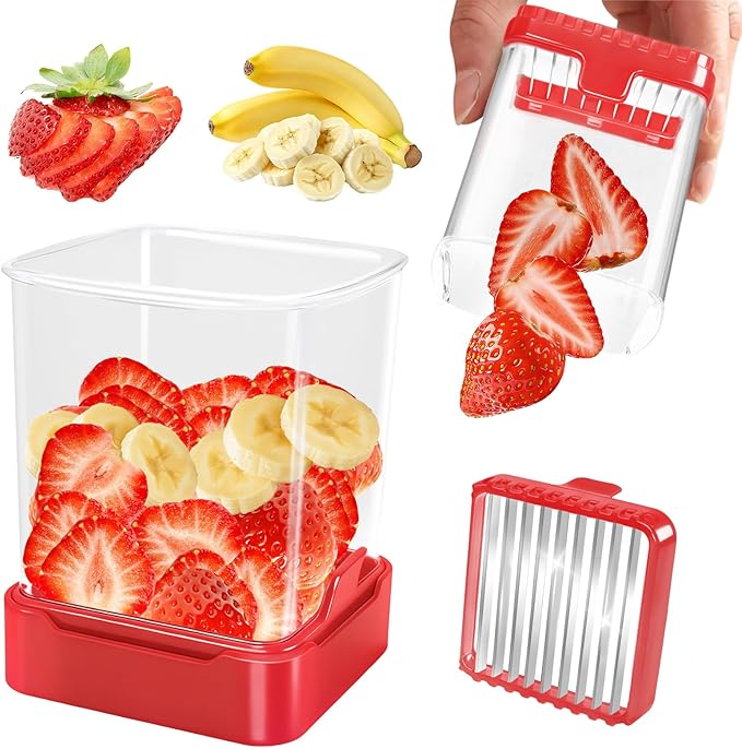 Fruit Slicer Cup for Strawberry, Banana, Hard-Boiled Egg - Detachable Cutter with Push Plate - Rapid & Safe Slicing Kitchen Gadget for Quick Meal Prep (Red)