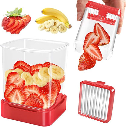 Fruit Slicer Cup for Strawberry, Banana, Hard-Boiled Egg - Detachable Cutter with Push Plate - Rapid & Safe Slicing Kitchen Gadget for Quick Meal Prep (Red)