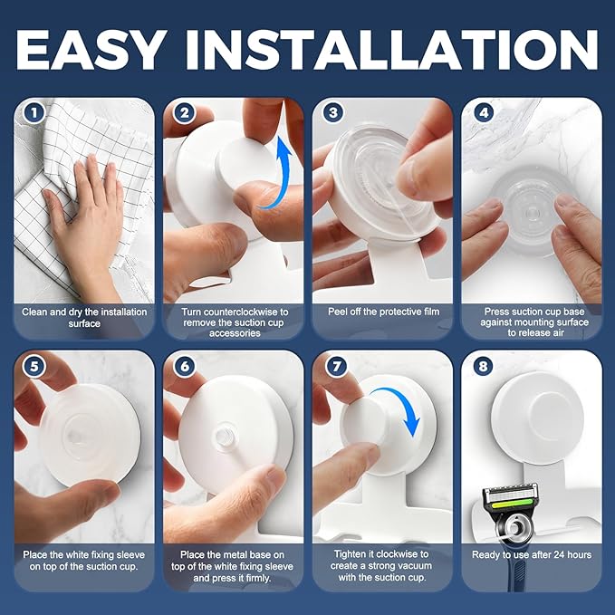 Suction Cup Razor Holder for Shower,Heavy-Duty 7KG Suction Hooks for Razor,Towel,Loofah,Removable Damage-Free Metal Shower Hook,Shaver Holder,2 Pack(Matte White)