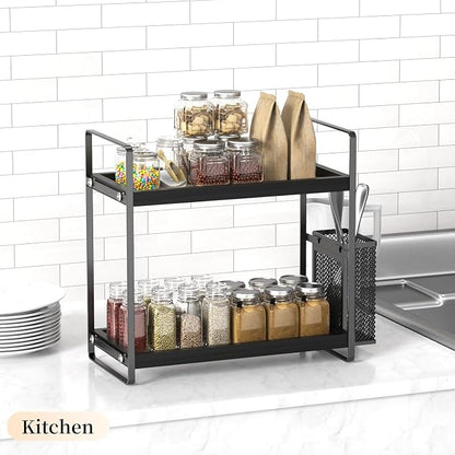 LEMIKKLE Bathroom Organizer Countertop, Counter Organizer for Bathroom Decor, Wooden Sink Shelf for Vanity Storage, Makeup Tray for Perfume Skincare Bedroom Kitchen Corner (Black)