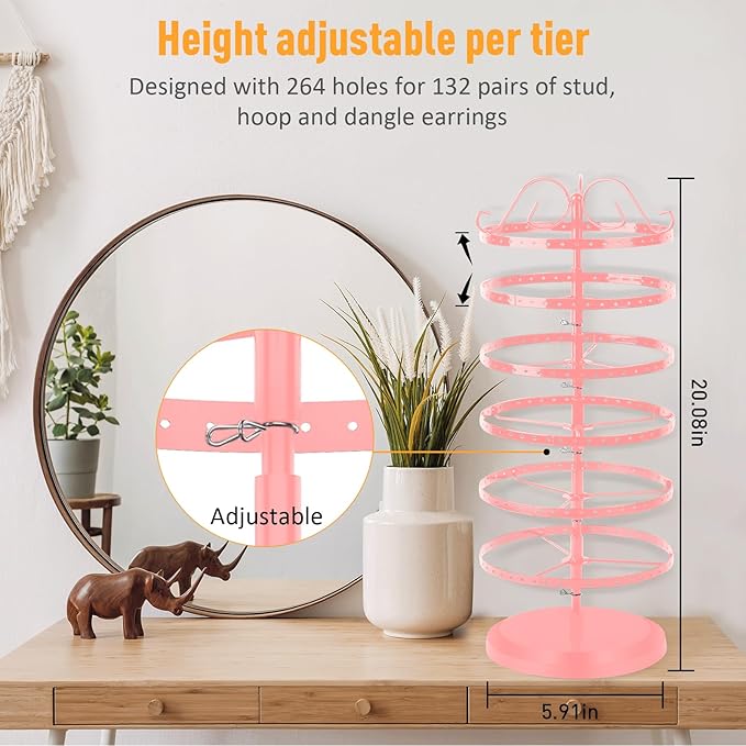 17Dec 6 Tier Rotating Jewelry Organizer Stand, 230 Holes Earring Holder Organizer for Women Girls, Spinning Earring Tree with Ring Holder, Wide Base for Bracelets Watches Lipstick