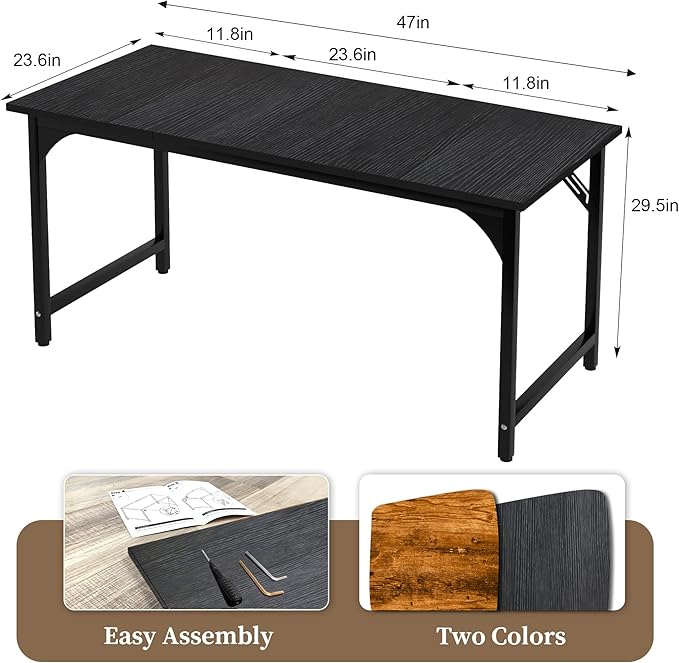 AZN Computer Desk, 47in Computer Desk, Office Desk w/Sturdy Metal Frame, Office Desk w/Water-Resistant, Scratchproof Surface, Home Office Desks w/Large Legroom for Work Study Writing Gaming, Black