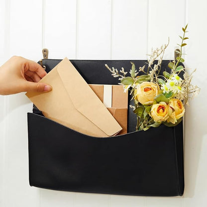 Marspark 2 Set PU Leather Mail Holder Wall Mount 12.2x10.24 Inch Leather Letter Holder 2 Ring Binder Hanging Wall File Organizer Mail Sorter for Decor Storage Letter Postcard Flower Home Office(Black)