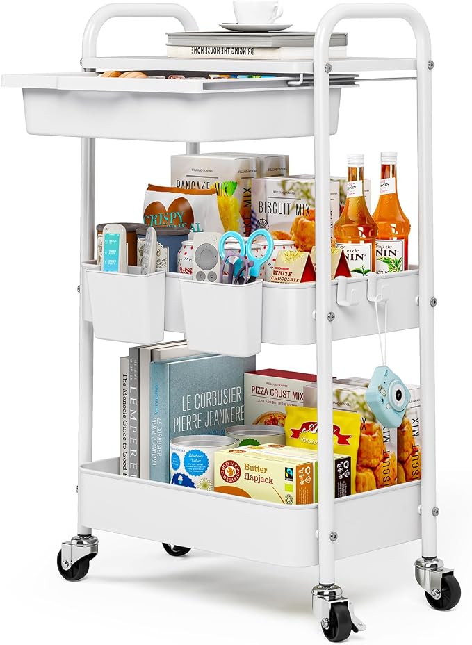 3 Tier Metal Rolling Utility Cart with Drawer & Lockable Wheels - Heavy Duty Multifunctional Storage Organizer with 2 Cups and 4 Hooks for Bathroom, Kitchen, Snack, Craft, Makeup, Baby Essentials