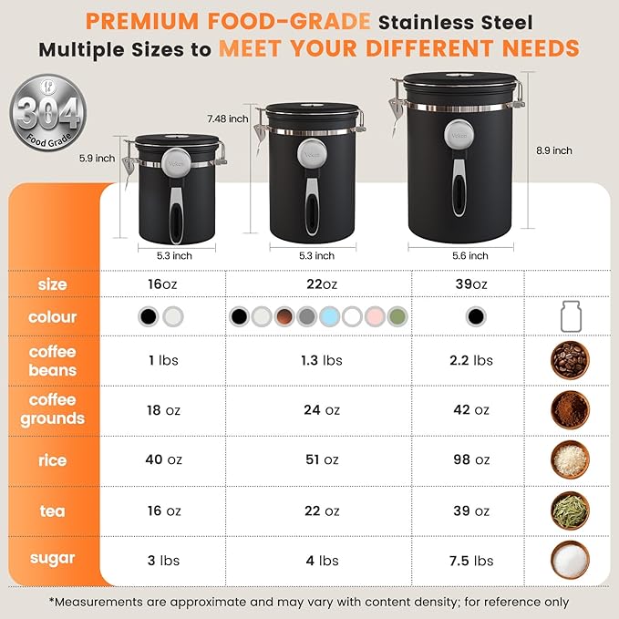 Veken Coffee Canister with Window,Airtight Stainless Steel Pantry Container,Kitchen Food Storage Organizers for Beans,Ground,Espresso,Rice,Tea,Sugar, Cereal, Bar Accessories,Gifts,Lids,Jars,22OZ,Black