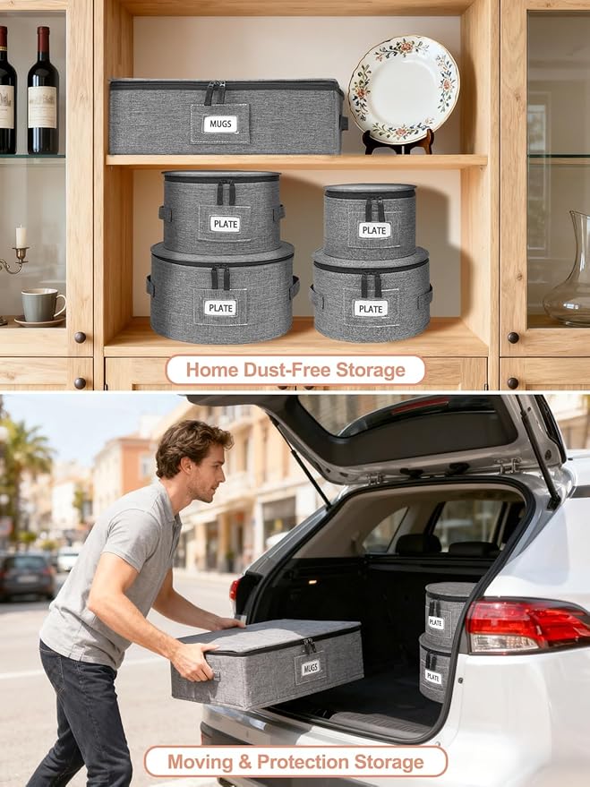 Cirhy China Storage Containers 5-Piece Set - Reinforced Hard-Sided Moving Boxes for Dinnerware, Fine China, Plates & Mugs - Sturdy Quilted Dish Packing Protectors with Dividers (Service for 12)