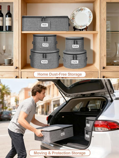 Cirhy China Storage Containers 5-Piece Set - Reinforced Hard-Sided Moving Boxes for Dinnerware, Fine China, Plates & Mugs - Sturdy Quilted Dish Packing Protectors with Dividers (Service for 12)