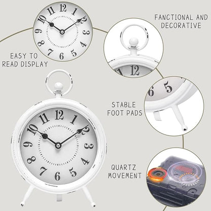 MACVAD Vintage Rustic White Table Clock on Stand, Decorative Desk and Shelf Clock Farmhouse Mantel Clock Rustic Non-Ticking Clock