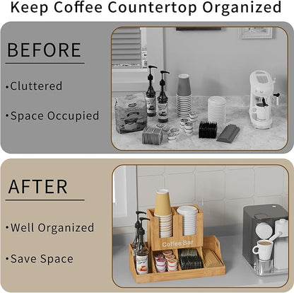 Coffee Station Organizer, Bamboo Coffee Bar Organizer for Countertop, Condiment and Cup Storage Organizer, Bar Accessories for Kitchen, Office, Home, Brown