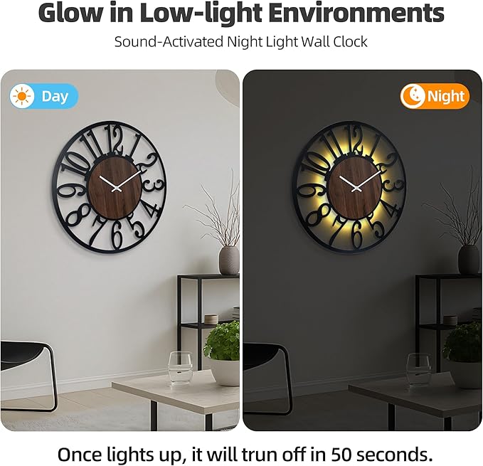 30'' Large Silent Wall Clock with Night Light, Glow in The Dark Decorative Wall Clock Battery Operated, Rustic Modern Metal & Wood Clocks for Bedroom Living Room Decor, Arabic Numerals