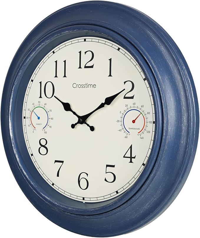 18 Inch Large Outdoor Wall Clock with Thermometer & Hygrometer – Vintage Farmhouse Weather Station for Patio, Pool, Garden – Waterproof Rust-Proof Blue Clock