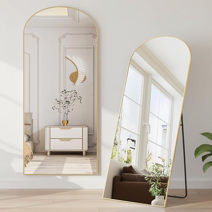 NEWBULIG Arched Mirror Full Length, 64"x21" Body Wall Mirrors with Shatter-Proof Glass, Upgraded Floor Standing Mirror, Hanging or Leaning, with Stand Aluminum Alloy Frame for Home Decor, Gold
