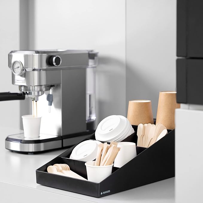 Navaris Coffee Station Organizer - 7 Compartment Coffee Bar for Sugar, Creamer, Cup, Tea - Office & Kitchen Countertop Organization