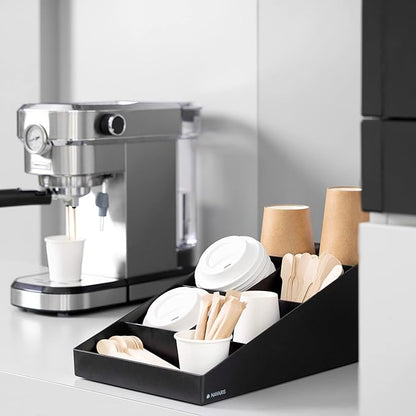 Navaris Coffee Station Organizer - 7 Compartment Coffee Bar for Sugar, Creamer, Cup, Tea - Office & Kitchen Countertop Organization