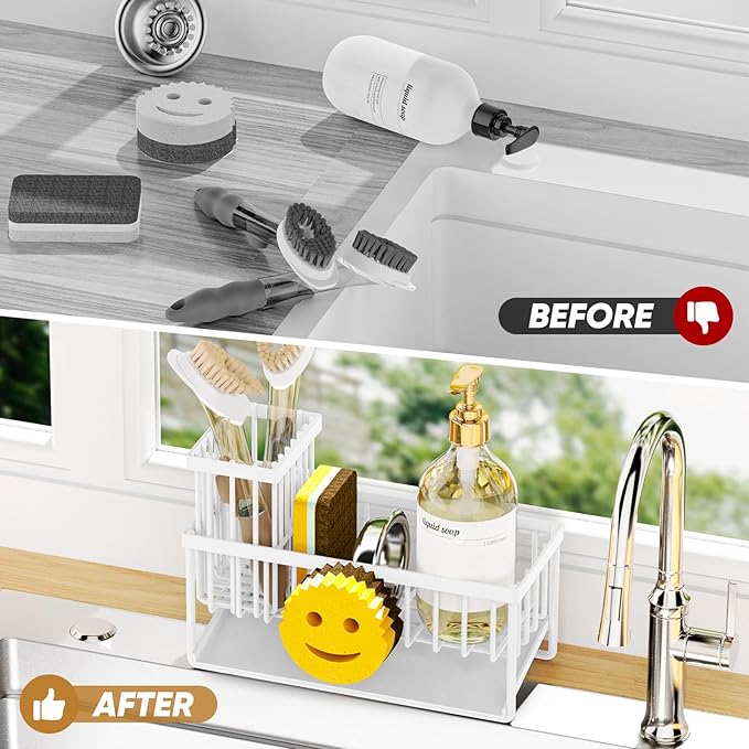 Taugast Sponge Holder for Kitchen Sink,Smiley Face Sink Caddy with Removable Brush Holder,Self-Draining Sponge Caddy for Soap,Dish Brush,Scrubber,Kitchen Essentials and Gadgets-White