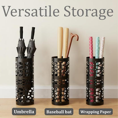 ZENFUN Umbrella Stand, Black Metal Umbrella Holder Freestanding, Cane Walk Stick Holder, Round Umbrella Rack for Entryway, Home, Office, 5.9 x 5.9 x 15.7 Inches