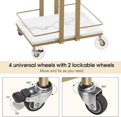 BarberPub Utility Salon Trolley, Metal Storage Rolling Barber Trolley with Wheels, Golden Esthetician Cart, Multi-Purpose 3-Tier Mobile Facial Trolley, Nail Cart 2033 (White)