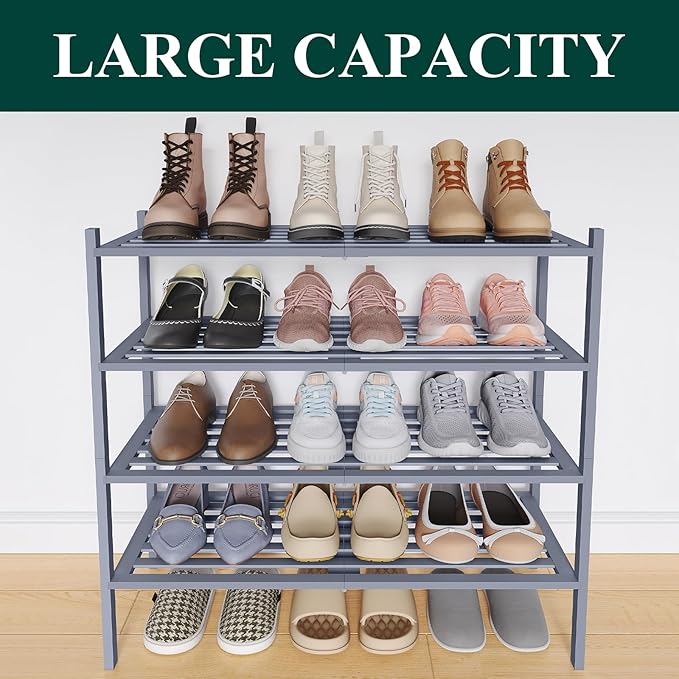 Smiry Bamboo Shoe Rack 4-Tier, Stackable Wooden Shoe Organizer for Entryway & Closet, Free Standing Wood Shoe Storage Shelf for Front Door & Small Spaces, Grey