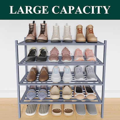 Smiry Bamboo Shoe Rack 4-Tier, Stackable Wooden Shoe Organizer for Entryway & Closet, Free Standing Wood Shoe Storage Shelf for Front Door & Small Spaces, Grey