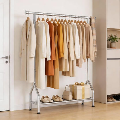 EAGMAK Sturdy Clothing Racks with Shelf, Metal Clothes Rack with Leveling Feet for Hanging Clothes, Freestanding Garment Coat Rack for Bedroom, Apartment & Small Spaces, Silver