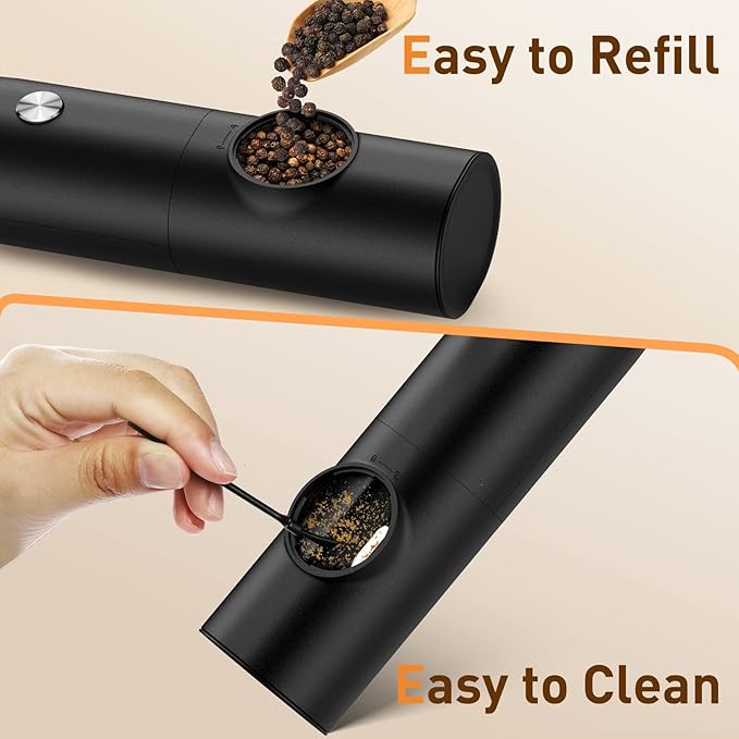 Electric Salt and Pepper Grinder Set, Rechargeable Automatic Pepper Mill Grinder with LED Light, Adjustable Coarseness shakers, One-Hand Operation for Kitchen Appliances(2 Pack Black)