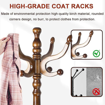 Coat Racks Freestanding, Natural Wood Coat Stands with 14 Hooks, 73" Heavy Duty Adjustable Height Vintage Hall Tree for Entryway, Bedroom, Office, Easy Assembly (Triangular Antique)