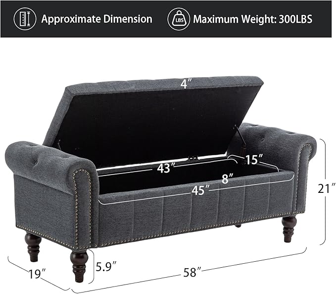 HOMEFLEX 58” Long Storage Bench, Upholstered Ottoman with Tufted Trim, Large End-of-Bed Bench for Bedrooms, Living Rooms, and Entryways (Dimgray)