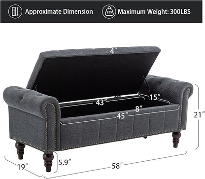 HOMEFLEX 58” Long Storage Bench, Upholstered Ottoman with Tufted Trim, Large End-of-Bed Bench for Bedrooms, Living Rooms, and Entryways (Dimgray)