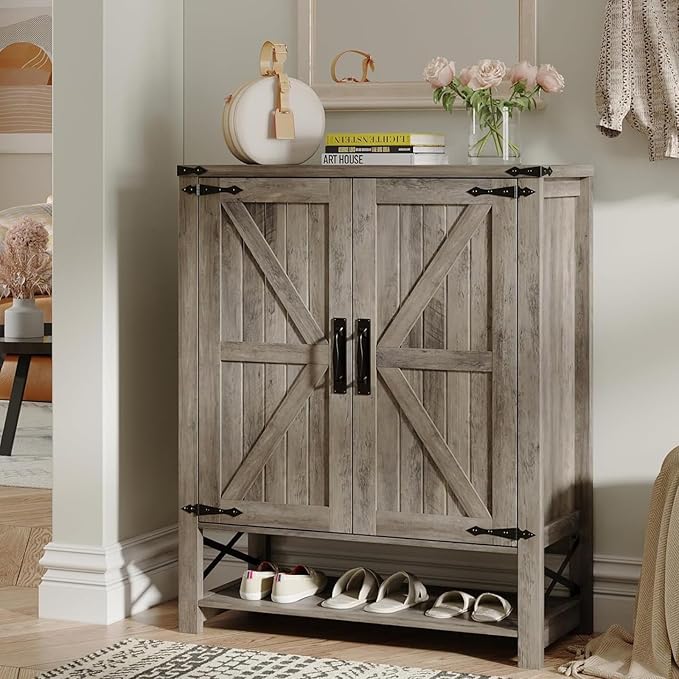 Maupvit 6-Tier Shoe Cabinet with Doors, Farmhouse Shoe Storage Cabinet with Adjustable Shelves, Shoe Shelf, Wooden Shoe Rack Organizer Cabinet for Entryway, Foyer, Hallway, Living Room, Grey
