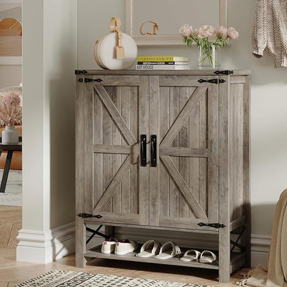 Maupvit 6-Tier Shoe Cabinet with Doors, Farmhouse Shoe Storage Cabinet with Adjustable Shelves, Shoe Shelf, Wooden Shoe Rack Organizer Cabinet for Entryway, Foyer, Hallway, Living Room, Grey