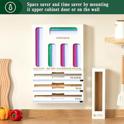 Calmbee 9 in 1 Bamboo Storage Bag Organizer for Kitchen Drawer – Plastic Wrap Dispenser with Cutter & Foil Organizer, Wooden Baggie Organizer for Sandwich, Snack, Gallon, Quart Sizes, White