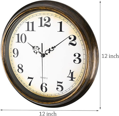 Wall Clock Battery Operated Silent Non-Ticking Vintage Wall Clocks for Kitchen, School, Living Room (12Inch, Bronze)