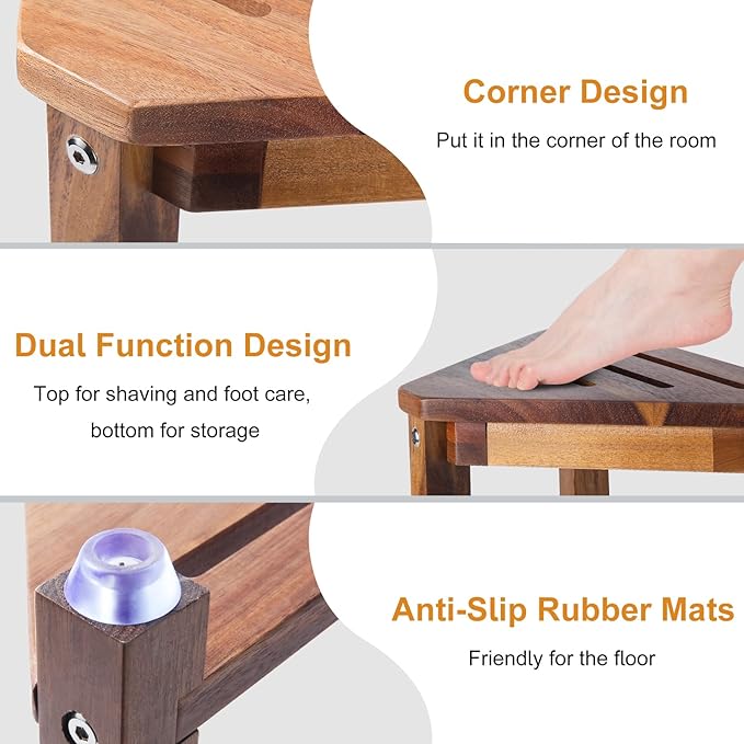 Shower Foot Rest 13.5in, Acacia Wood Shower Stool for Shaving Legs, Small Foot Stool with Storage Shelf, for Inside Small Shower Spaces